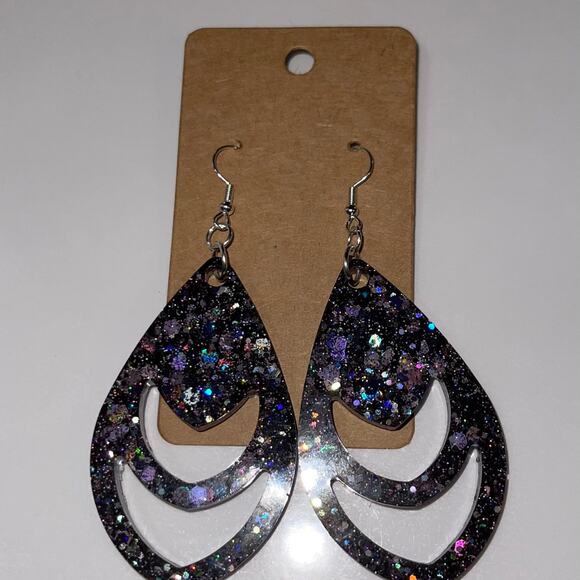 Handmade epoxy resin dangle earrings - very dark purple glitter w/ silver flecks - Picture 2 of 6